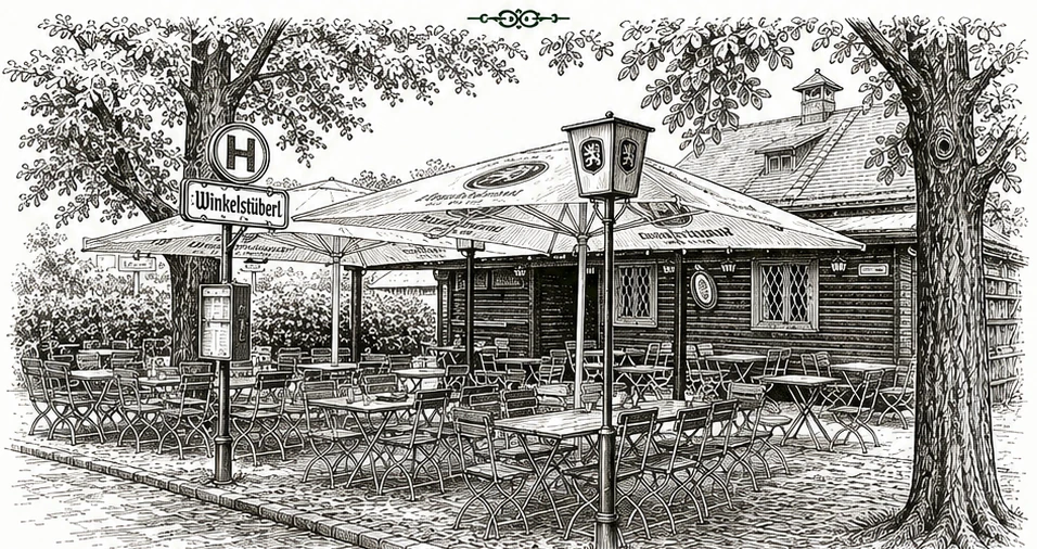 Das Winkelstüberl München mit Biergarten als handgezeichnete Illustration